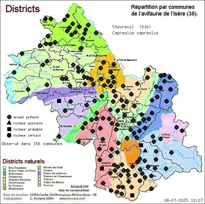 Chevreuil (Capreolus capreolus): carte de rpartition en Isre