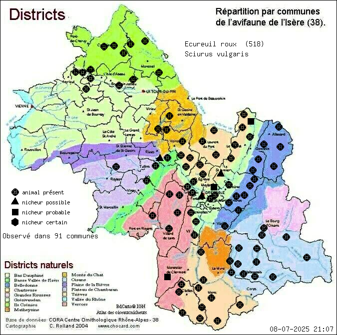 Carte de rpartition par communes en Isre d'une espce d'animal: Ecureuil roux (Sciurus vulgaris) selon Districts naturels