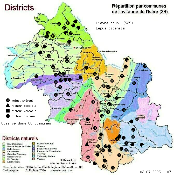 Carte de rpartition par communes en Isre d'une espce d'animal: Livre brun (Lepus capensis) selon Districts naturels