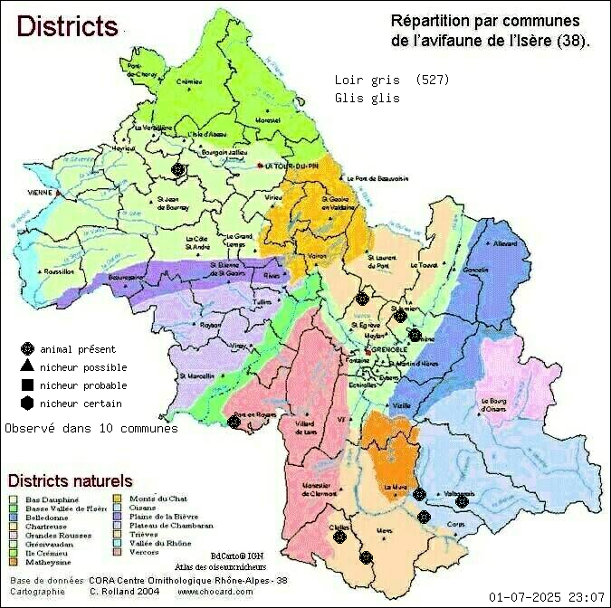 Carte de rpartition par communes en Isre d'une espce d'animal: Loir gris (Glis glis) selon Districts naturels