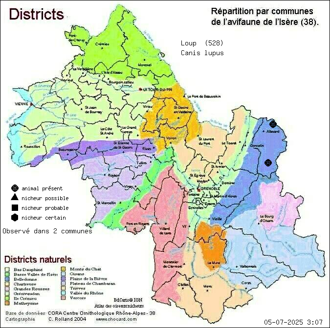 Carte de rpartition par communes en Isre d'une espce d'animal: Loup (Canis lupus) selon Districts naturels