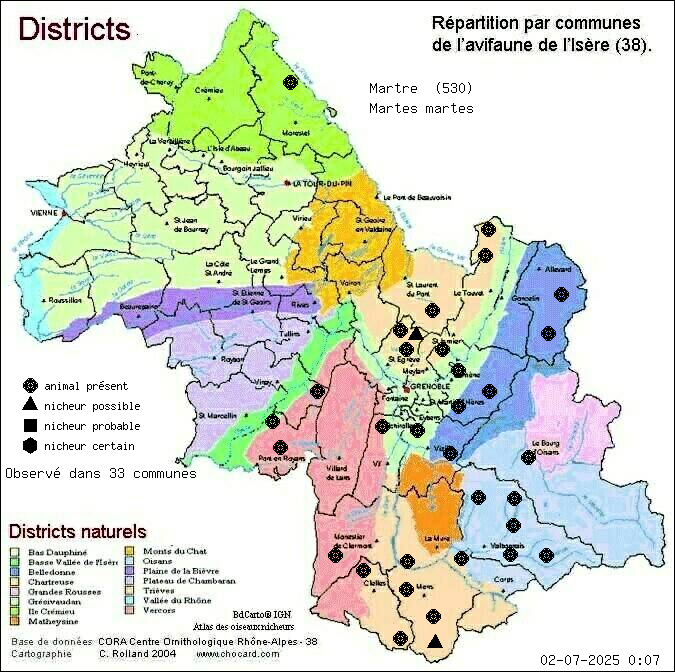 Carte de rpartition par communes en Isre d'une espce d'animal: Martre (Martes martes) selon Districts naturels