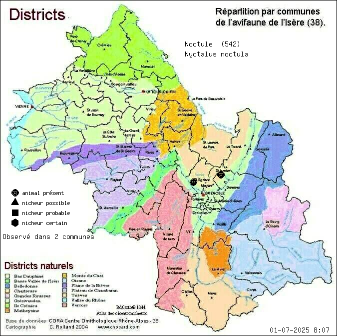 Noctule (Nyctalus noctula): carte de rpartition en Isre