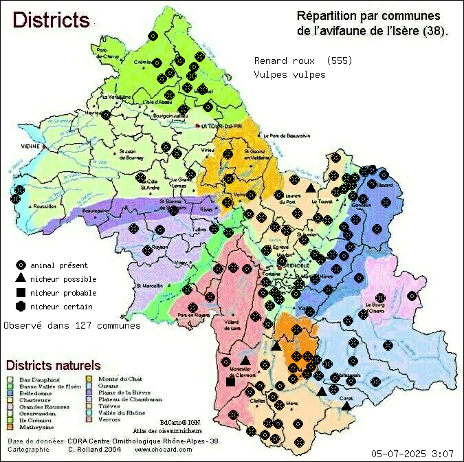 Carte de rpartition par communes en Isre d'une espce d'animal: Renard roux (Vulpes vulpes) selon Districts naturels