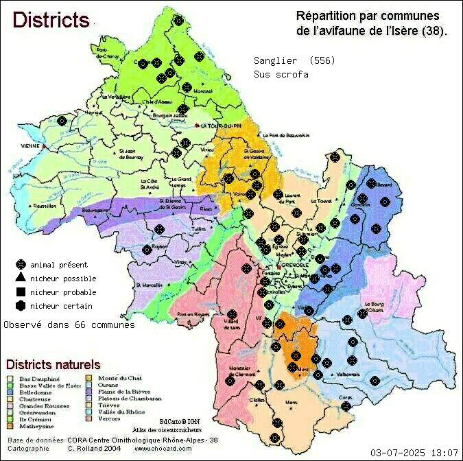 Carte de rpartition par communes en Isre d'une espce d'animal: Sanglier (Sus scrofa) selon Districts naturels