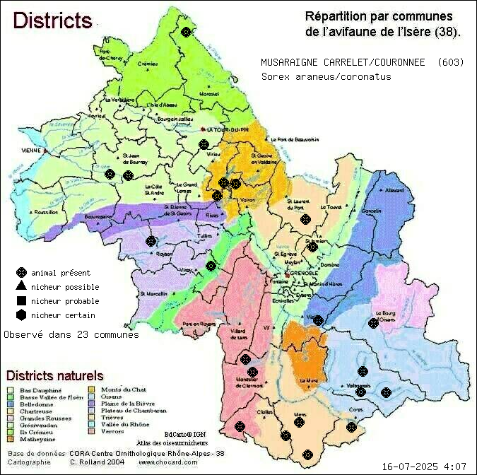 Carte de rpartition par communes en Isre d'une espce d'animal: MUSARAIGNE CARRELET/COURONNEE (Sorex araneus/coronatus) selon Districts naturels