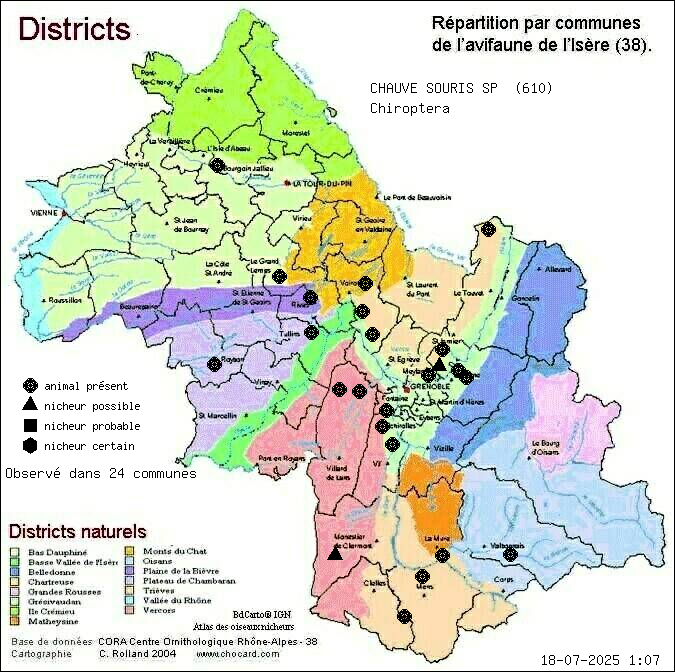 Carte de rpartition par communes en Isre d'une espce d'animal: CHAUVE SOURIS SP (Chiroptera) selon Districts naturels
