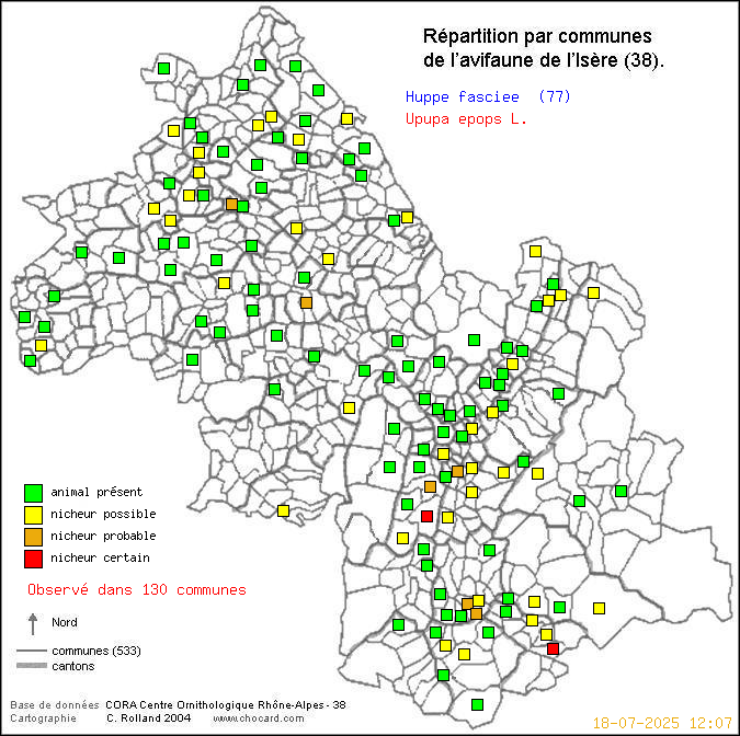 Carte de rpartition par communes en Isre d'une espce d'oiseau: Huppe fascie (Upupa epops L.) selon Communes et cantons