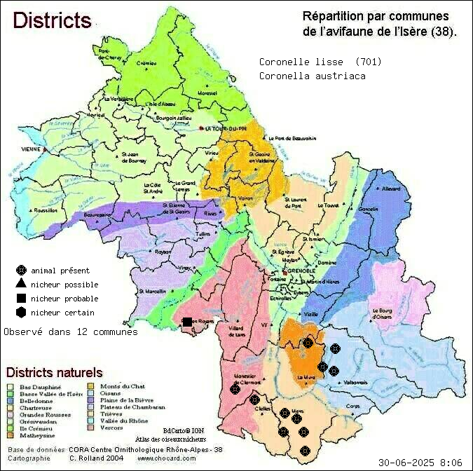 Carte de rpartition par communes en Isre d'une espce d'animal: Coronelle lisse (Coronella austriaca) selon Districts naturels