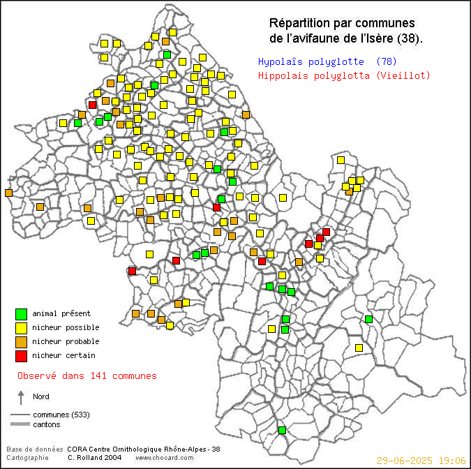 Carte de rpartition par communes en Isre d'une espce d'oiseau: Hypolas polyglotte (Hippolais polyglotta (Vieillot)) selon Communes et cantons