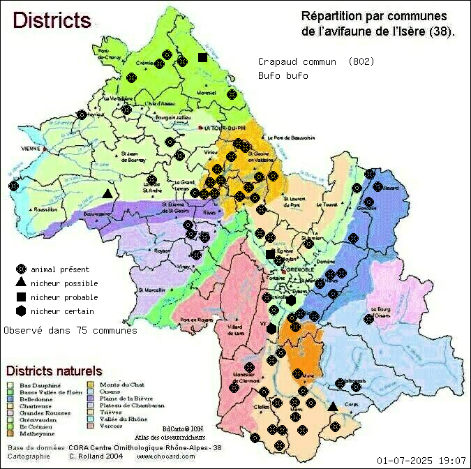 Carte de rpartition par communes en Isre d'une espce d'animal: Crapaud commun (Bufo bufo) selon Districts naturels