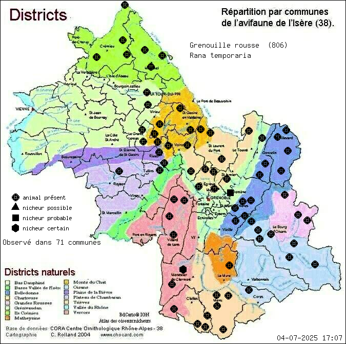 Carte de rpartition par communes en Isre d'une espce d'animal: Grenouille rousse (Rana temporaria) selon Districts naturels