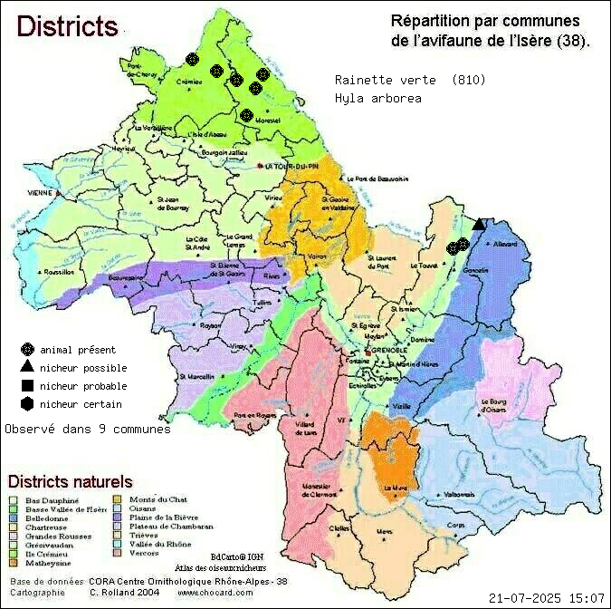 Carte de rpartition par communes en Isre d'une espce d'animal: Rainette verte (Hyla arborea) selon Districts naturels