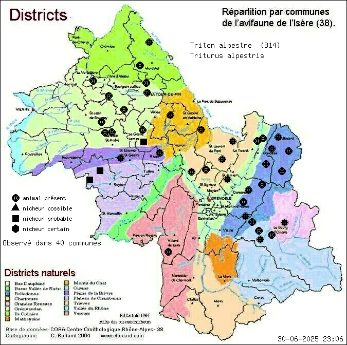 Carte de rpartition par communes en Isre d'une espce d'animal: Triton alpestre (Triturus alpestris) selon Districts naturels
