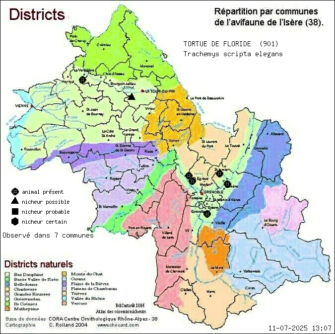 Carte de rpartition par communes en Isre d'une espce d'animal: TORTUE DE FLORIDE (Trachemys scripta elegans) selon Districts naturels