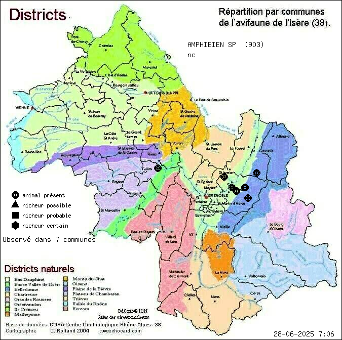 Carte de rpartition par communes en Isre d'une espce d'animal: AMPHIBIEN SP (nc) selon Districts naturels