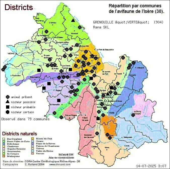 Carte de rpartition par communes en Isre d'une espce d'animal: GRENOUILLE "VERTE" (Rana SKL) selon Districts naturels