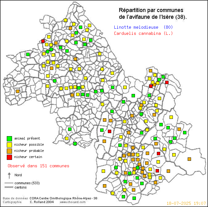 Carte de rpartition par communes en Isre d'une espce d'oiseau: Linotte mlodieuse (Carduelis cannabina (L.)) selon Communes et cantons