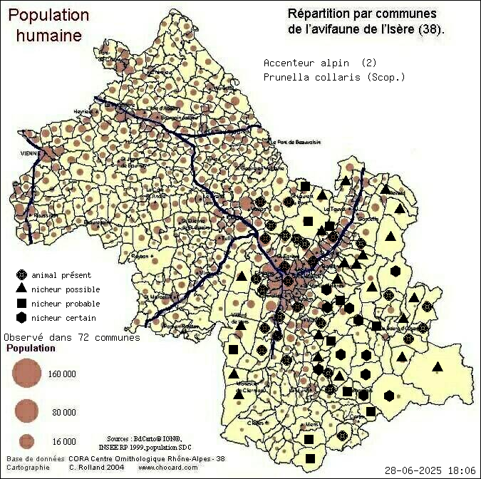 Carte de rpartition par communes en Isre d'une espce d'animal: Accenteur alpin (Prunella collaris (Scop.)) selon Population humaine