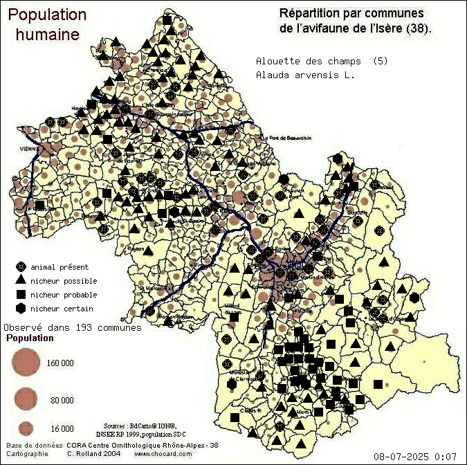 Alouette des champs (Alauda arvensis L.): carte de rpartition en Isre