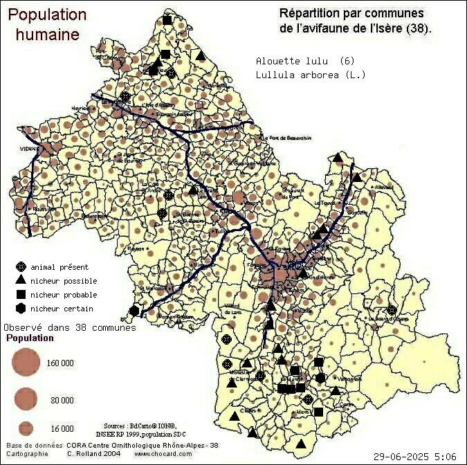 Carte de rpartition par communes en Isre d'une espce d'animal: Alouette lulu (Lullula arborea (L.)) selon Population humaine