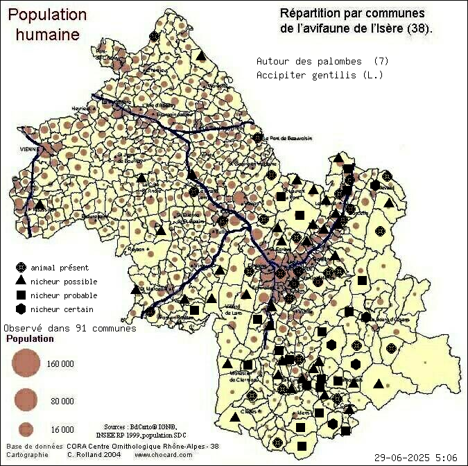 Autour des palombes (Accipiter gentilis (L.)): carte de rpartition en Isre