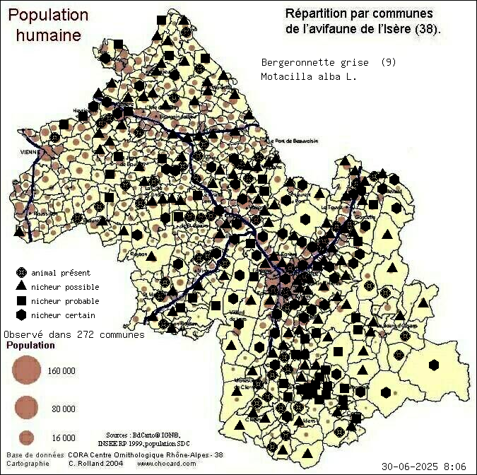 Bergeronnette grise (Motacilla alba L.): carte de rpartition en Isre