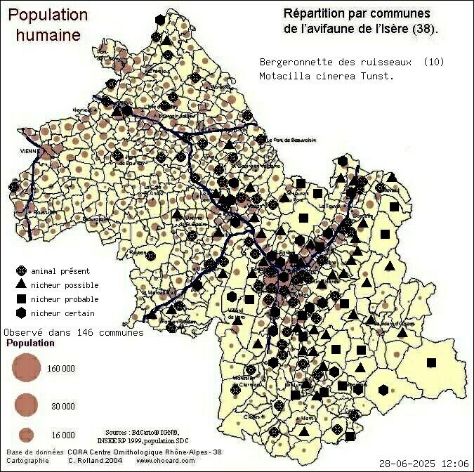 Bergeronnette des ruisseaux (Motacilla cinerea Tunst.): carte de rpartition en Isre