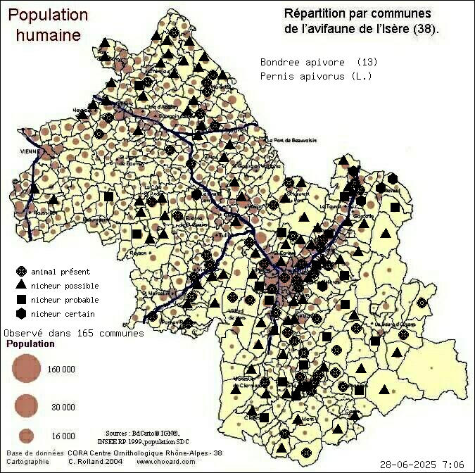 Bondre apivore (Pernis apivorus (L.)): carte de rpartition en Isre