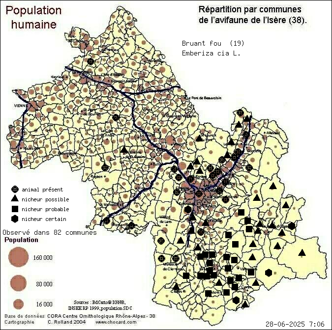 Bruant fou (Emberiza cia L.): carte de rpartition en Isre