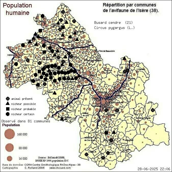 Busard cendr (Circus pygargus (L.)): carte de rpartition en Isre