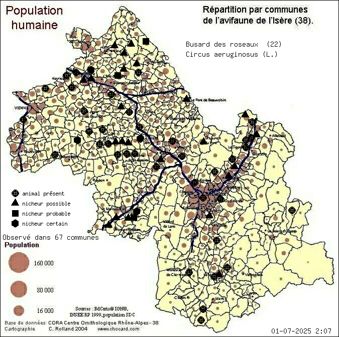 Busard des roseaux (Circus aeruginosus (L.)): carte de rpartition en Isre
