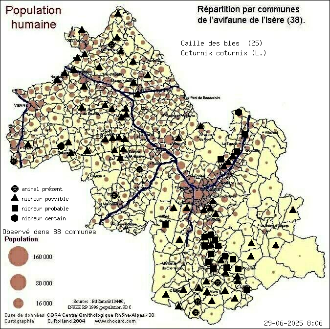 Carte de rpartition par communes en Isre d'une espce d'animal: Caille des bls (Coturnix coturnix (L.)) selon Population humaine