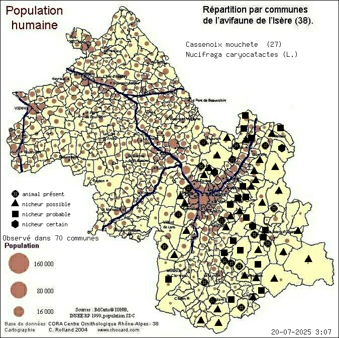 Cassenoix mouchet (Nucifraga caryocatactes (L.)): carte de rpartition en Isre