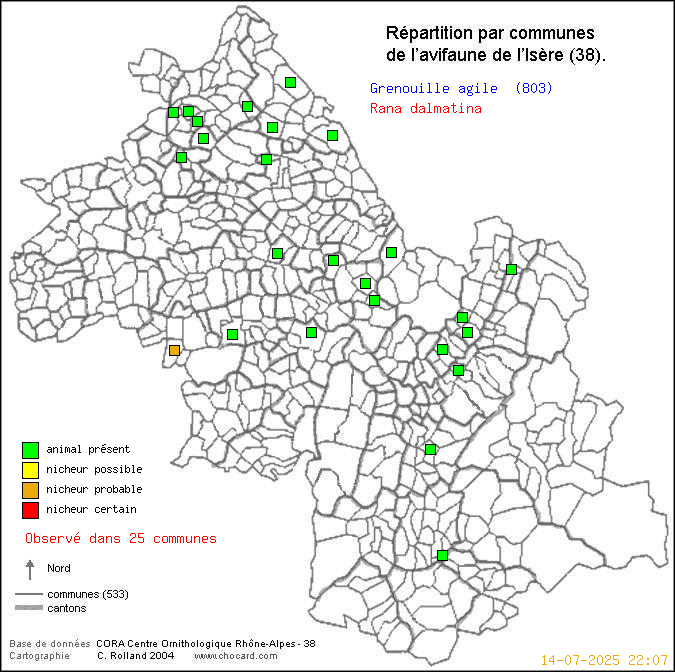 Carte de rpartition par communes en Isre d'une espce d'animal: Grenouille agile (Rana dalmatina) selon Communes et cantons