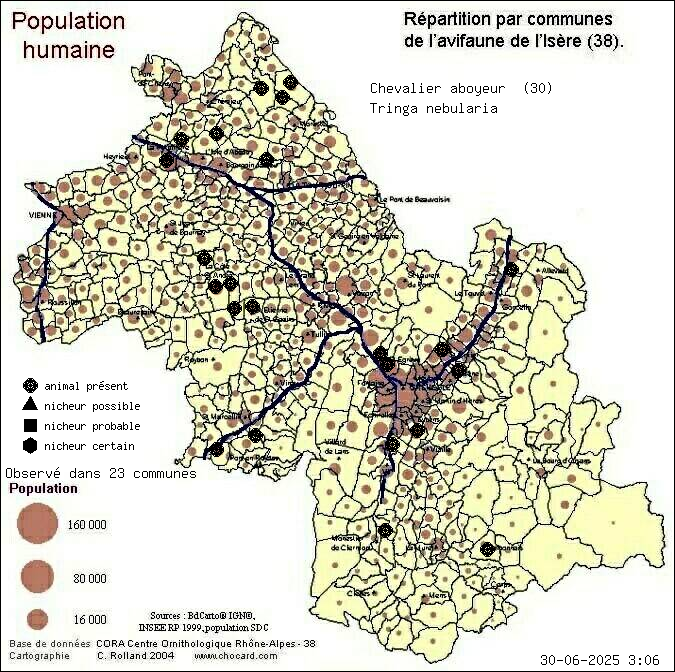 Chevalier aboyeur (Tringa nebularia): carte de rpartition en Isre