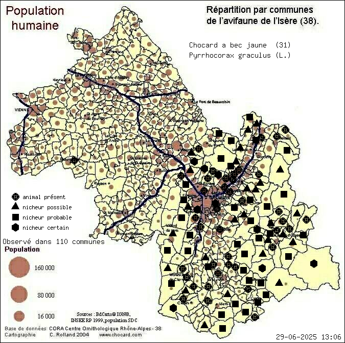 Chocard  bec jaune (Pyrrhocorax graculus (L.)): carte de rpartition en Isre