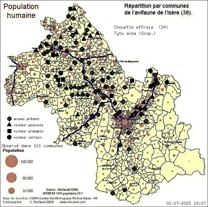 Carte de rpartition par communes en Isre d'une espce d'animal: Chouette effraie (Tyto alba (Scop.)) selon Population humaine