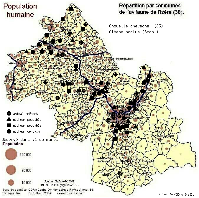 Chouette chevche (Athene noctua (Scop.)): carte de rpartition en Isre