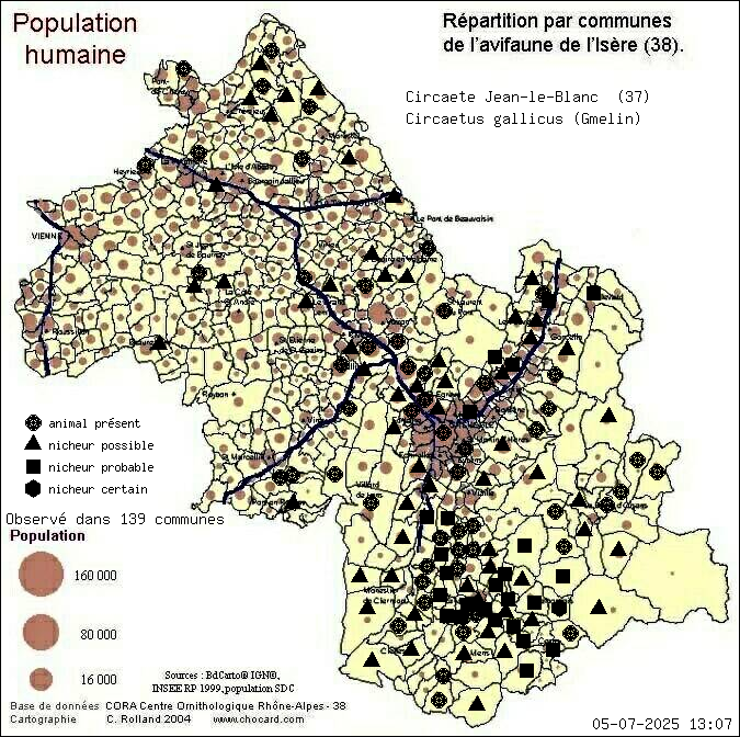 Carte de rpartition par communes en Isre d'une espce d'animal: Circate Jean-le-Blanc (Circaetus gallicus (Gmelin)) selon Population humaine