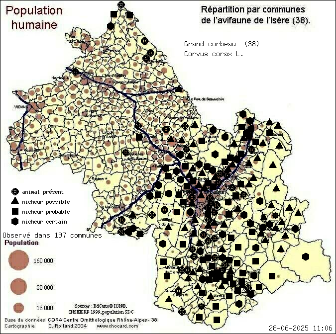 Grand corbeau (Corvus corax L.): carte de rpartition en Isre