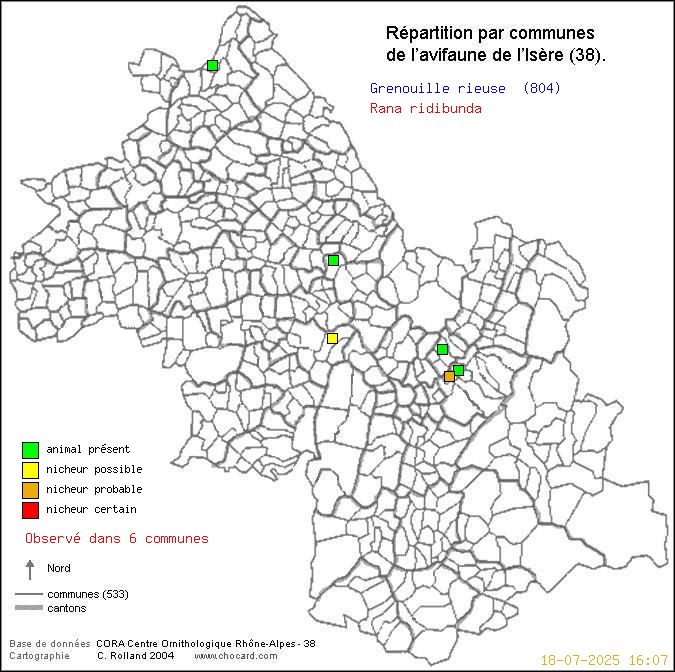 Carte de rpartition par communes en Isre d'une espce d'animal: Grenouille rieuse (Rana ridibunda) selon Communes et cantons