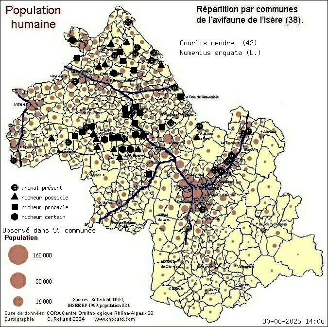 Carte de rpartition par communes en Isre d'une espce d'animal: Courlis cendr (Numenius arquata (L.)) selon Population humaine