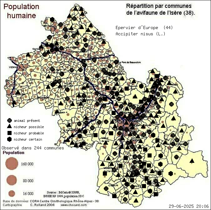 Epervier d Europe (Accipiter nisus (L.)): carte de rpartition en Isre