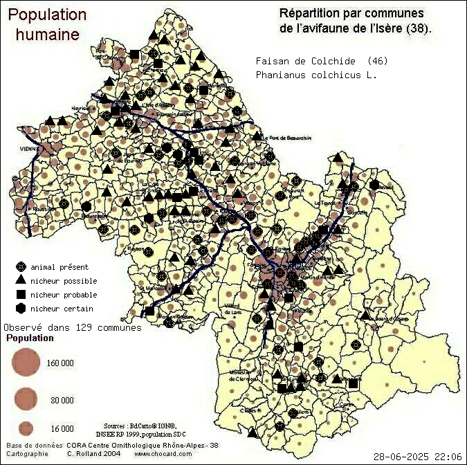 Faisan de Colchide (Phanianus colchicus L.): carte de rpartition en Isre