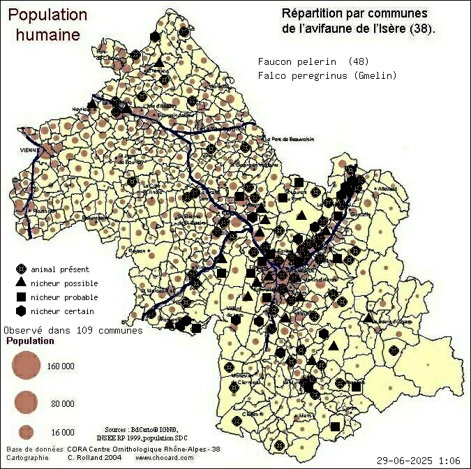 Faucon plerin (Falco peregrinus (Gmelin)): carte de rpartition en Isre