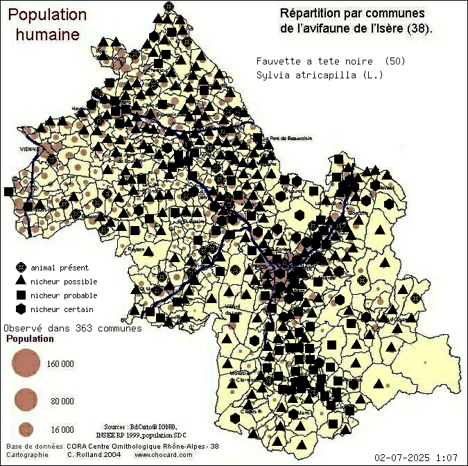 Fauvette  tte noire (Sylvia atricapilla (L.)): carte de rpartition en Isre