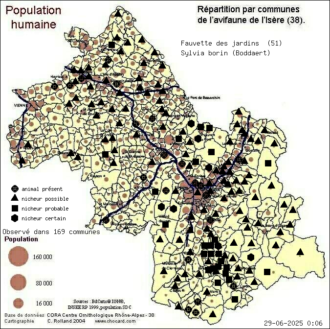 Fauvette des jardins (Sylvia borin (Boddaert)): carte de rpartition en Isre