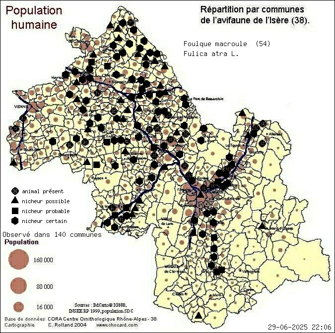 Foulque macroule (Fulica atra L.): carte de rpartition en Isre