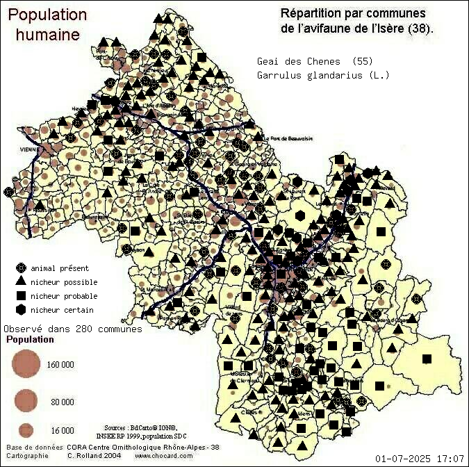 Geai des Chnes (Garrulus glandarius (L.)): carte de rpartition en Isre